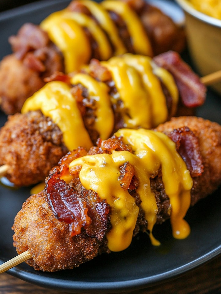 Crispy Cheeseburger Corn Dogs with Bacon
