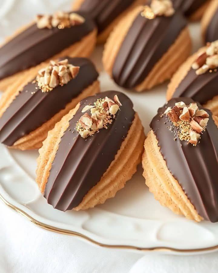 Chocolate-Dipped Madeleine Cookies – crisp, buttery, and decadently coated!