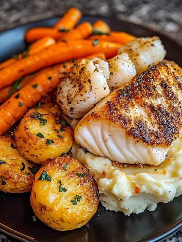 Seared Cod & Scallops with Garlic Butter Veggies