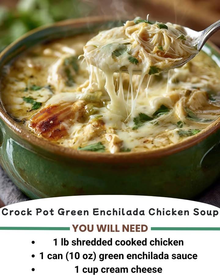 🍲 Crock Pot Green Enchilada Chicken Soup 🌶️ Creamy, zesty, and effortlessly low-carb—your new favorite dump-and-go dinner!