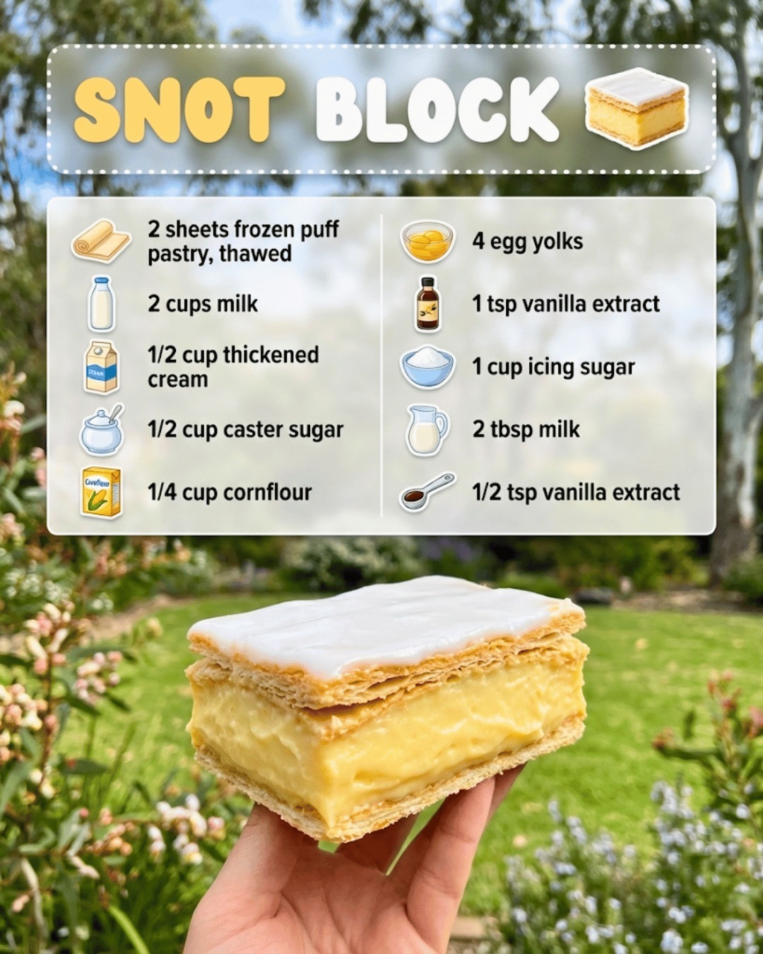 Snot Block: Creamy, Silky, Iconic. The Famous Aussie Bakery Vanilla Slice with Thick Custard and Flaky Pastry 🍰🍰