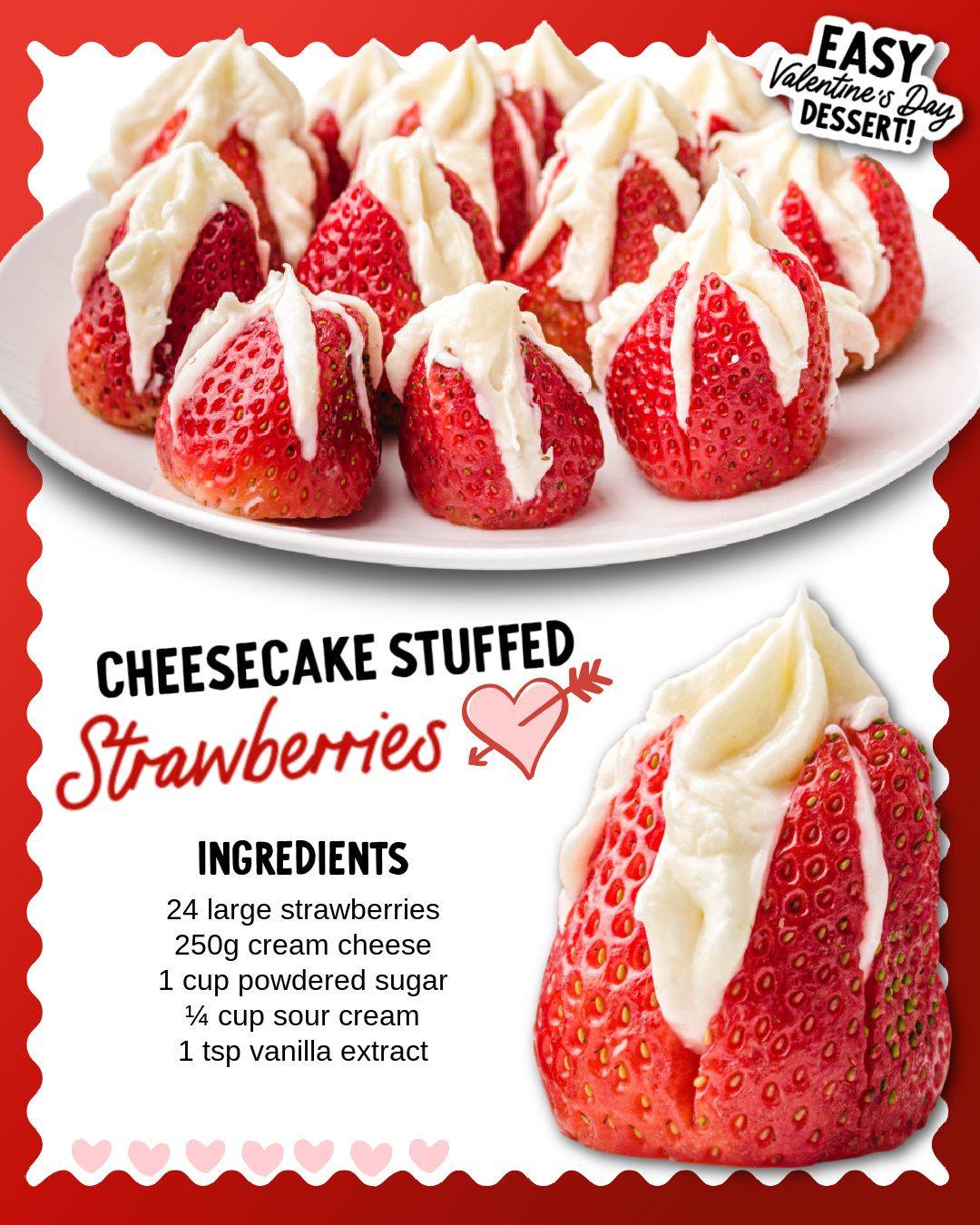 Sweet, creamy, and bite-size perfection 🍓✨ Cheesecake Stuffed Strawberries are the easiest little treat—fresh strawberries filled with fluffy cheesecake goodness. Perfect for parties, holidays, or a quick dessert fix!