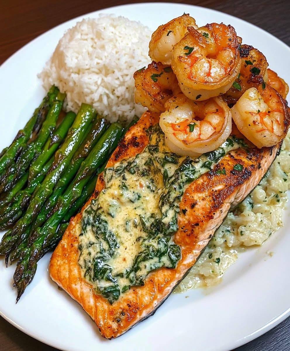 Creamed Spinach-Stuffed Salmon with Garlic Shrimp A restaurant-worthy dinner that’s bold, buttery, and packed with protein!
