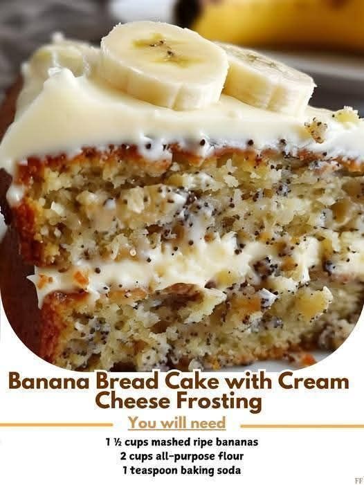 Banana Bread Cake with Cream Cheese Frosting Ingredients: – 1 1/2 cups all-purpose flour – 1 teaspoon baking soda – 1/4 teaspoon salt – 1/2 cup unsalted butter, softened – 1 cup granulated sugar – 2 large eggs – 1 cup mashed ripe bananas (about 3 bananas) – 1/4 cup sour cream – 1 teaspoon vanilla extract For the Cream Cheese Frosting: – 8 ounces cream cheese, softened – 1/4 cup unsalted butter, softened – 2 cups powdered sugar – 1 teaspoon vanilla extract Voir moins Commentaires Aucun commentaire pour le moment Écrivez le premier commentaire.