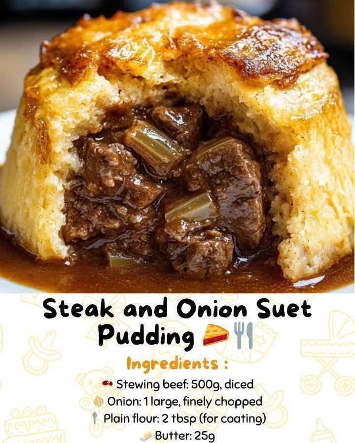 Steak and Onion Suet Pudding  This hearty and comforting British classic features tender beef and onions encased in a rich, soft suet pastry. Perfect for chilly evenings, this pudding is a labour of love that’s worth every bite.