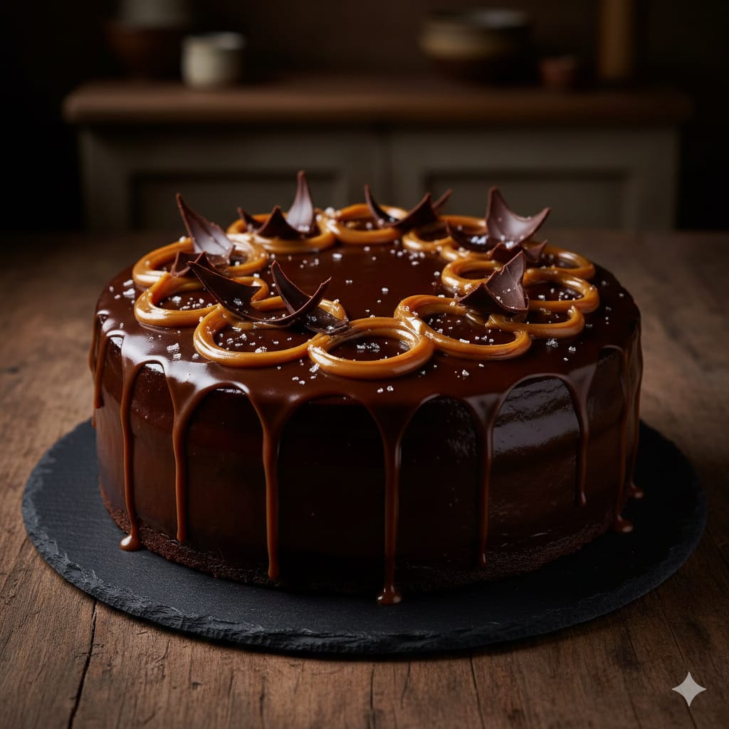 The Midnight Velvet Decadence: Dark Chocolate & Salted Caramel Truffle Cake”