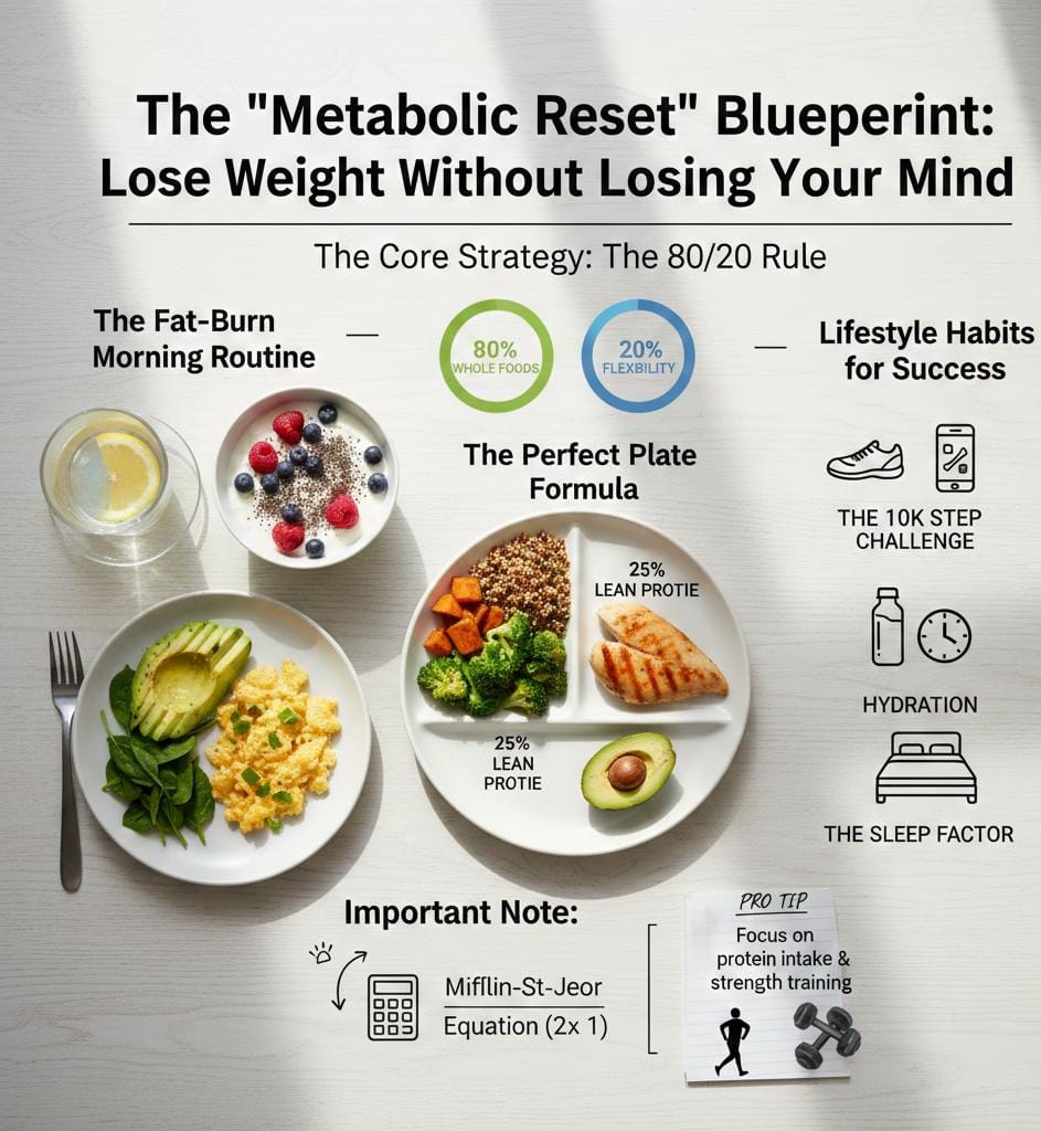 The “Metabolic Reset” Blueprint: Lose Weight Without Losing Your Mind ​The Core Strategy: The 80/20 Rule