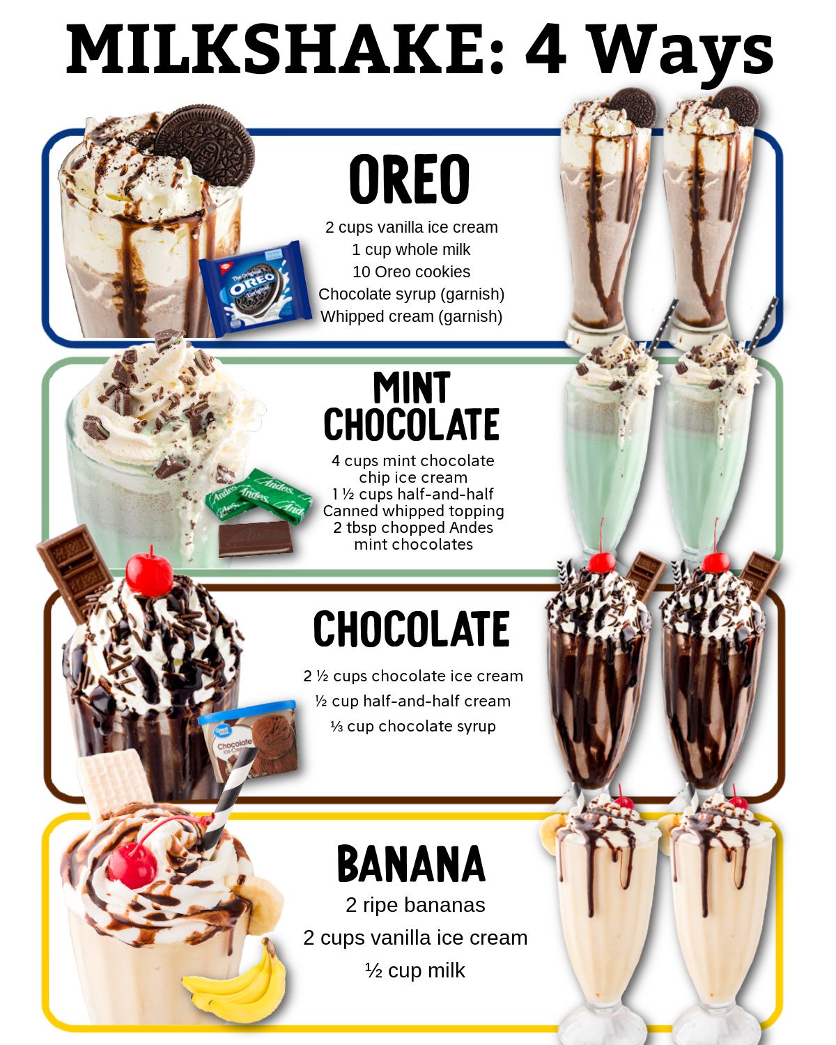 Milkshakes made four different ways  Thick, creamy, and loaded with flavor—these are perfect for switching things up when you’re craving something sweet and extra satisfying.