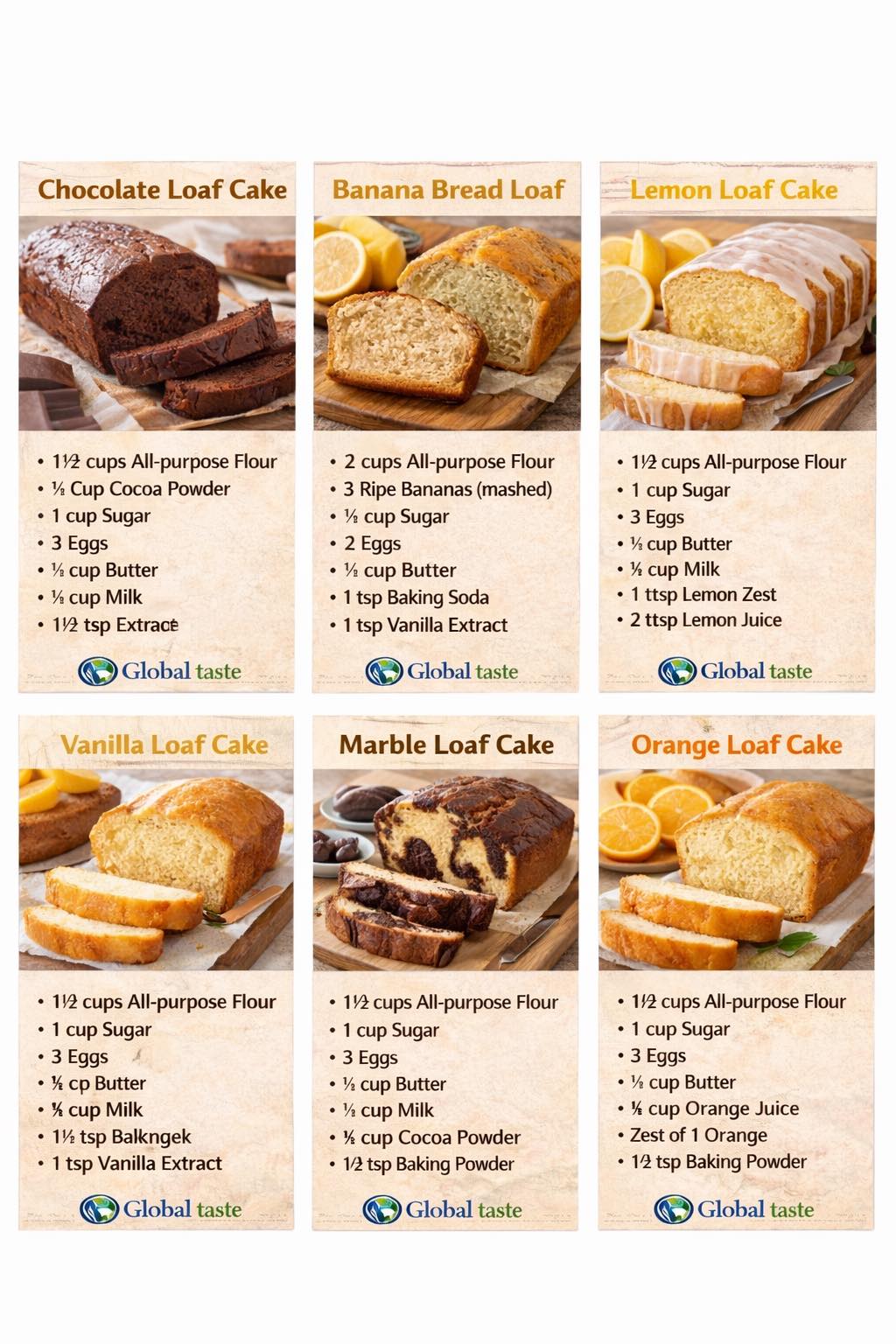 hocolate Loaf Cake Ingredients * 1½ cups All-purpose Flour * ½ cup Cocoa Powder * 1 cup Sugar * 3 Eggs * ½ cup Butter (softened) * ½ cup Milk * 1½ tsp Baking Powder * 1 tsp Vanilla Extract