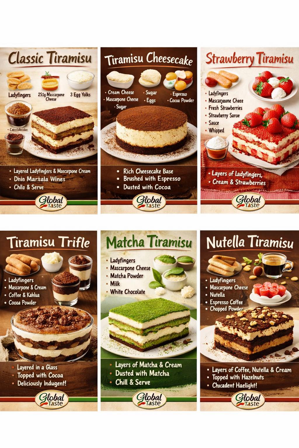 1. Classic Tiramisu  Ingredients • Ladyfingers • 250 g Mascarpone Cheese • 3 Egg Yolks • ½ cup Sugar • 1 cup Espresso Coffee (cooled) • 2 tbsp Marsala Wine (optional) • Cocoa Powder