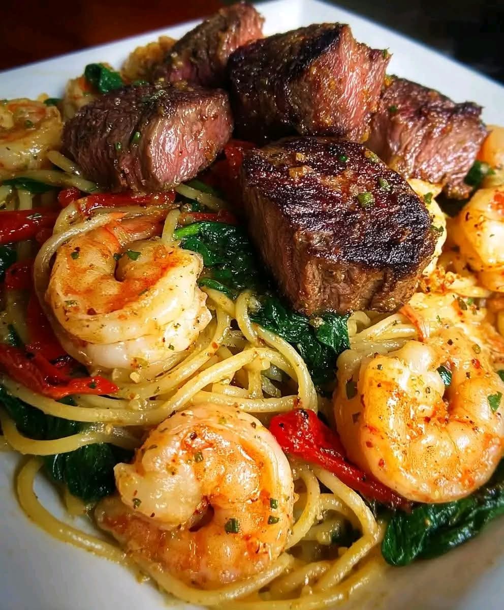 Garlic butter steak and shrimp pasta 🍤🥩